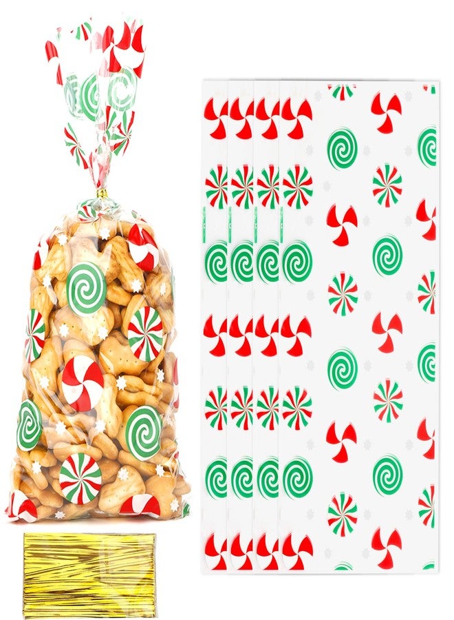 Luktastic Christmas Treat Bags, Christmas Candy Bags, 50 Pcs Red Green Candy Print Cellophane Treat Bag, Plastic Cello Cookie Snack Goodie Gift Bag with Twist Ties for Xmas Winter Holiday Party Favors Supplies - Image 1